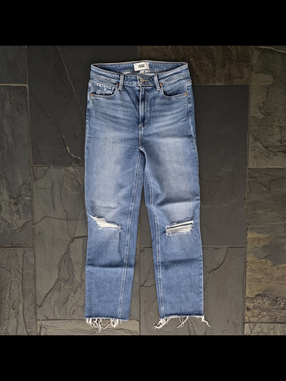 PAIGE Medium Blue Distressed Straight Leg Jeans